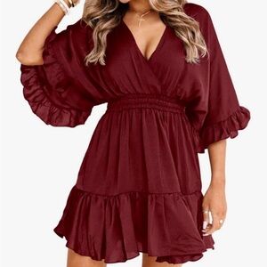 V-Neck Burgundy Summer Mini Dress Short Sleeve High Waist Size XXL